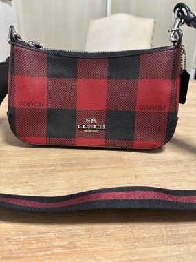 Coach Red and Black Buffalo Plaid Shoulder Bag